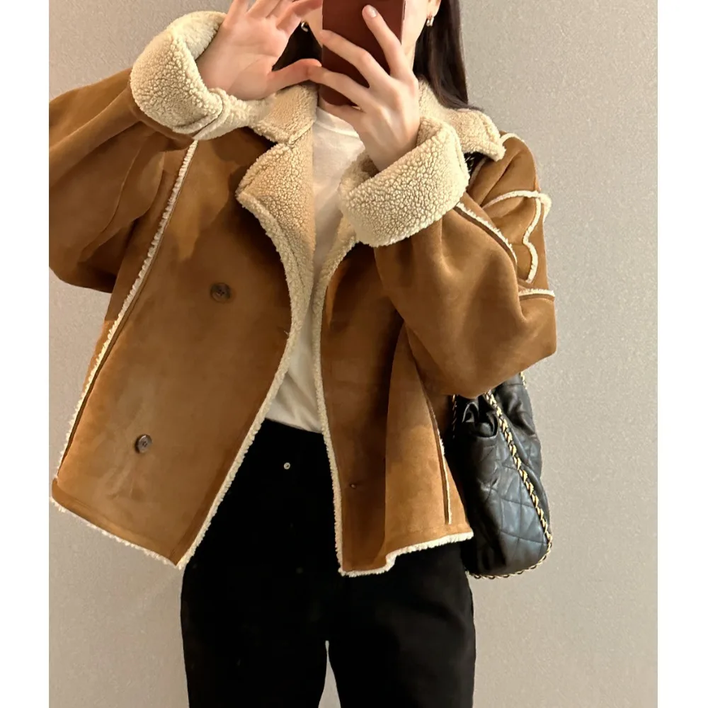 

Женская шикарная зимняя куртка, свободная длинная двубортная замша с лацканами, однотонная замша, универсальная верхняя одежда