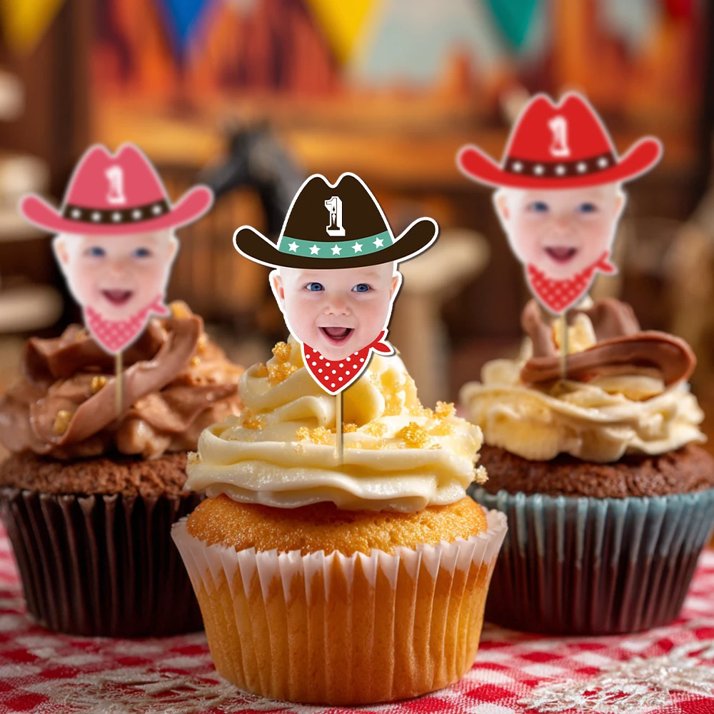 6/12 pièces personnalisé Western Cowboy thème fête visage Photo gâteau Topper Western Cowboy Cowgirl thème fête d'anniversaire décorations
