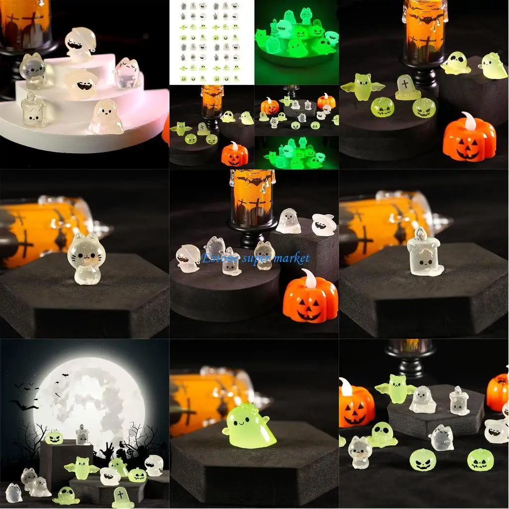 

090B 48 шт. светящиеся миниатюры на Хэллоуин из смолы, черепа летучих мышей-призраков для декора вечеринок