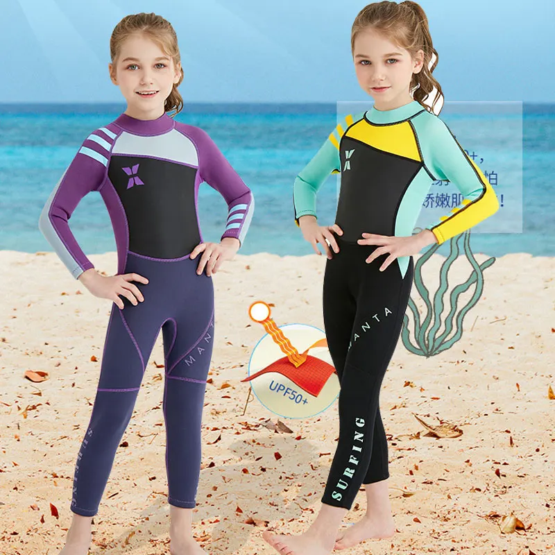 

2.5MM Neoprene Surf Girls Wetsuit Rash Guard Diving Suits Long Sleeves Children Snorkel One Pieces Surfing Sun protection surf