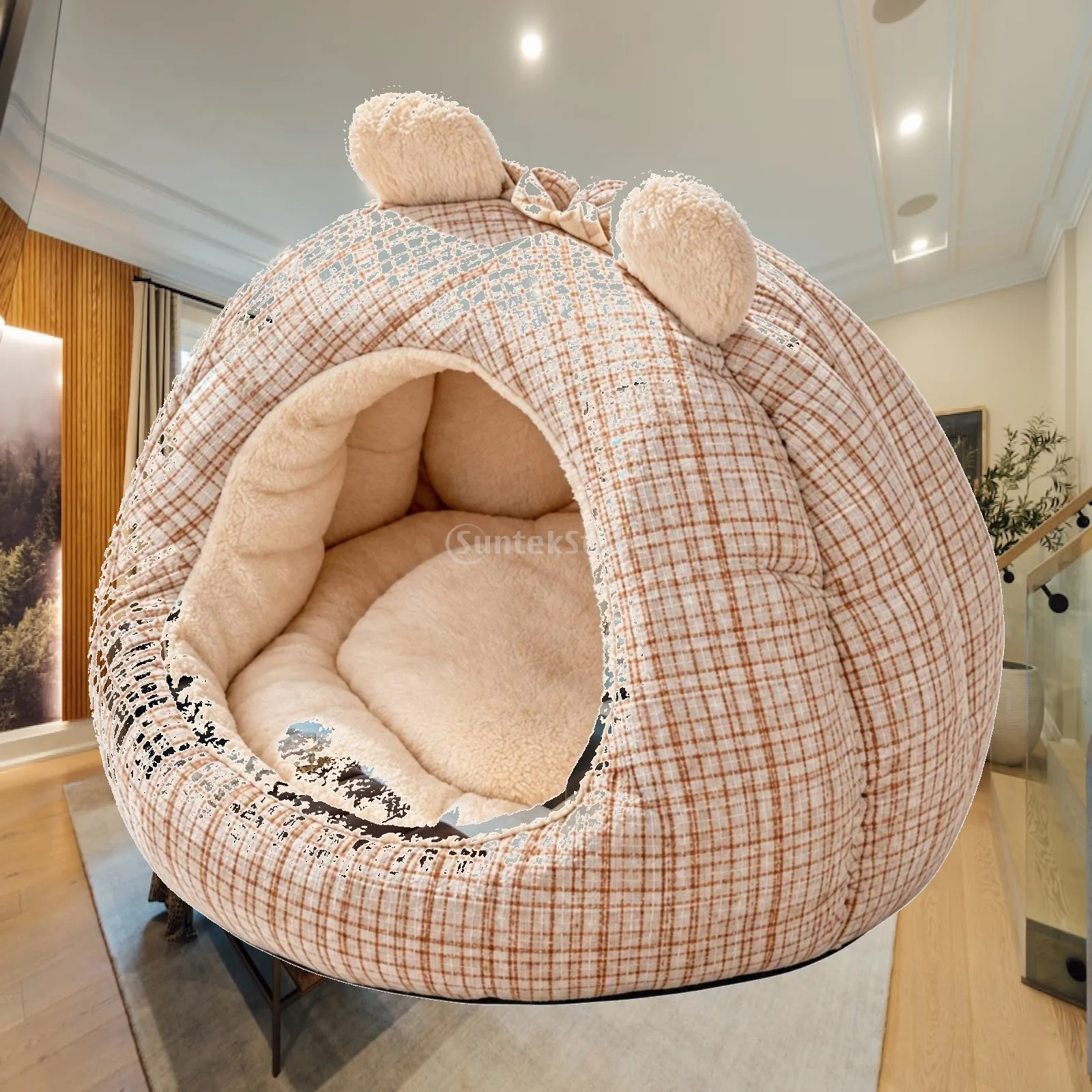 Warm Cat Sleeping Hut with Cute Bear Ears Soft Plush Interior Cozy Cave Bed for Pet Naps
