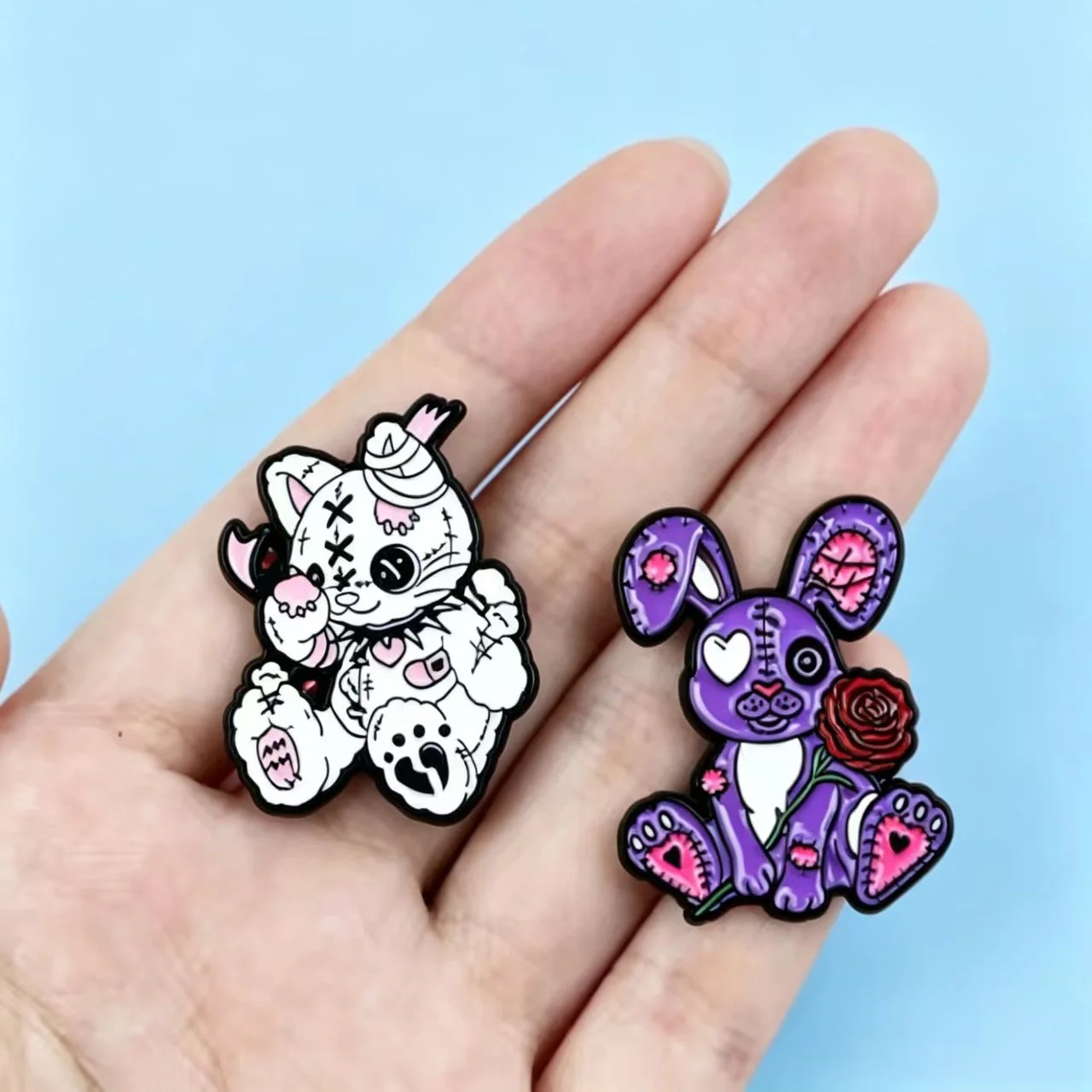 2Pcs Dark Gothic Voodoo Bunny Cat Brooch Set Broken Stitch Animal Enamel Pins Badge For Jacket Bag Decor Gift For Y2K Girls