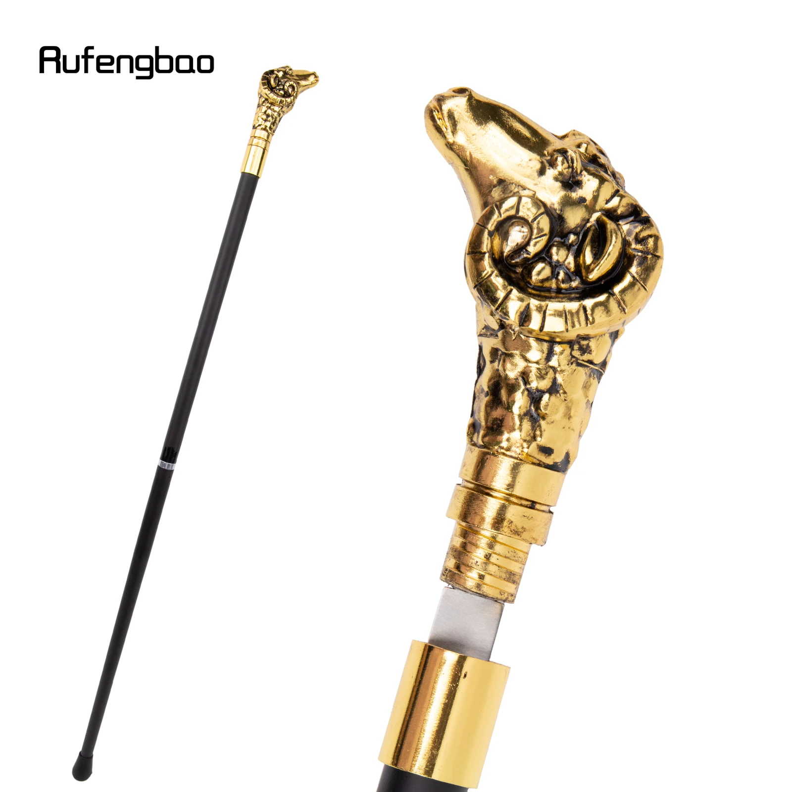 

Golden Goat Sheep Handle Luxury Walking Stick with Hidden Plate Self Defense Fashion Cane Plate Cosplay Crosier Stick 90cm