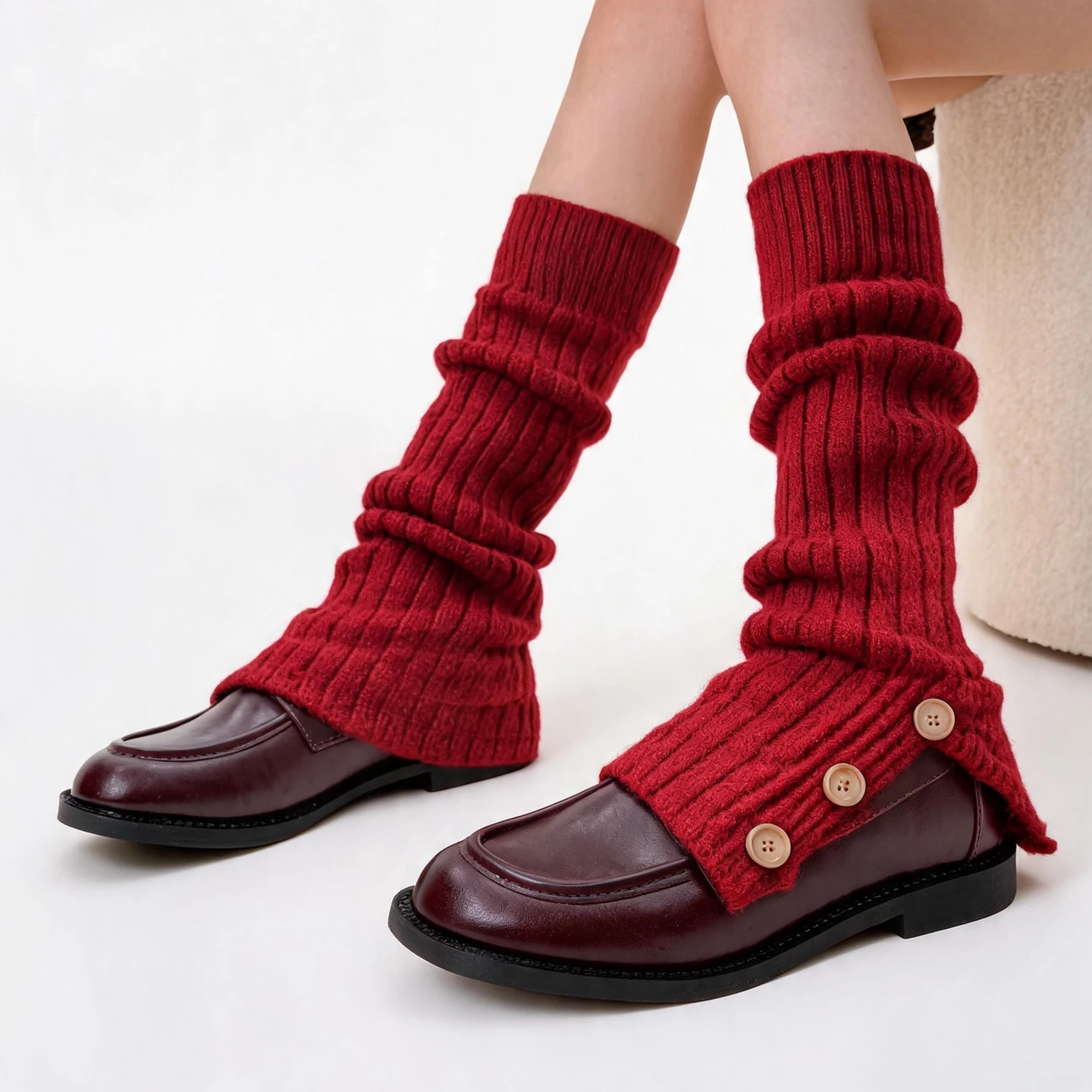 Autumn And Winter Thick Wool Buttons Knitted Split Socks Women's Warm Calves Are Stacked In Wild Leg Covers Gray