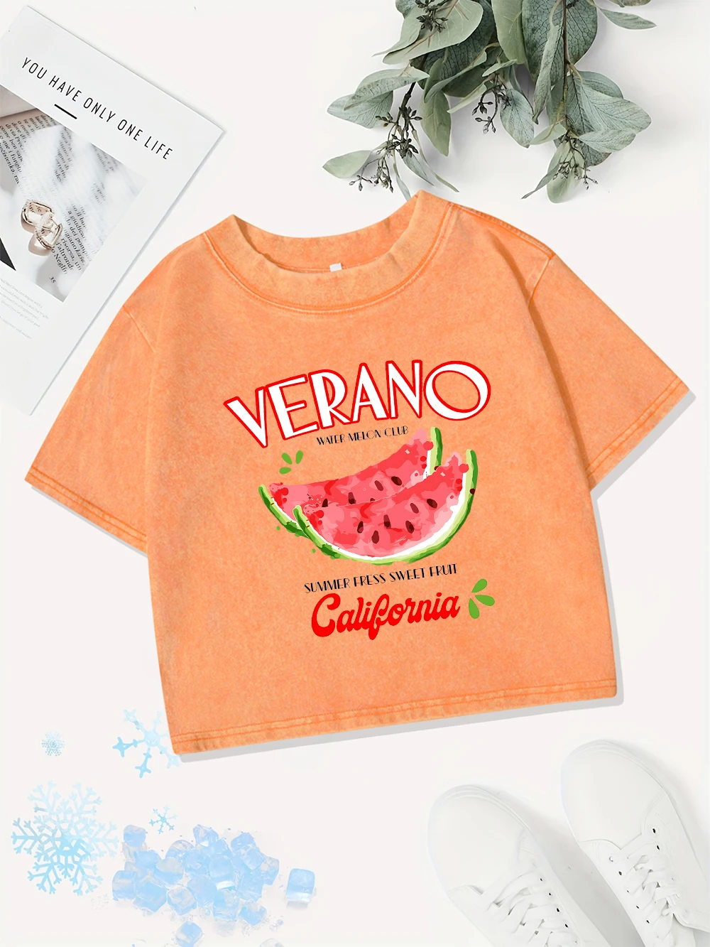 

Casual Cotton Crop Tops Womens California Watermelon Printed Washed T-Shirts Street O-Neck Regular Fit Streetwear Sexy Clothes