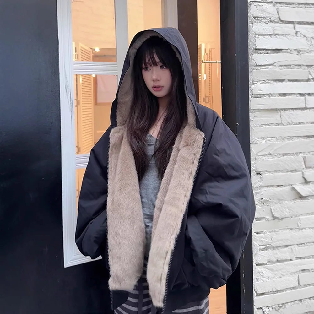 

Retro Brown Hooded Zipper Sweatshirt Jacket for Women in Autumn and Winter with Thick Velvet and Lazy Loose Top