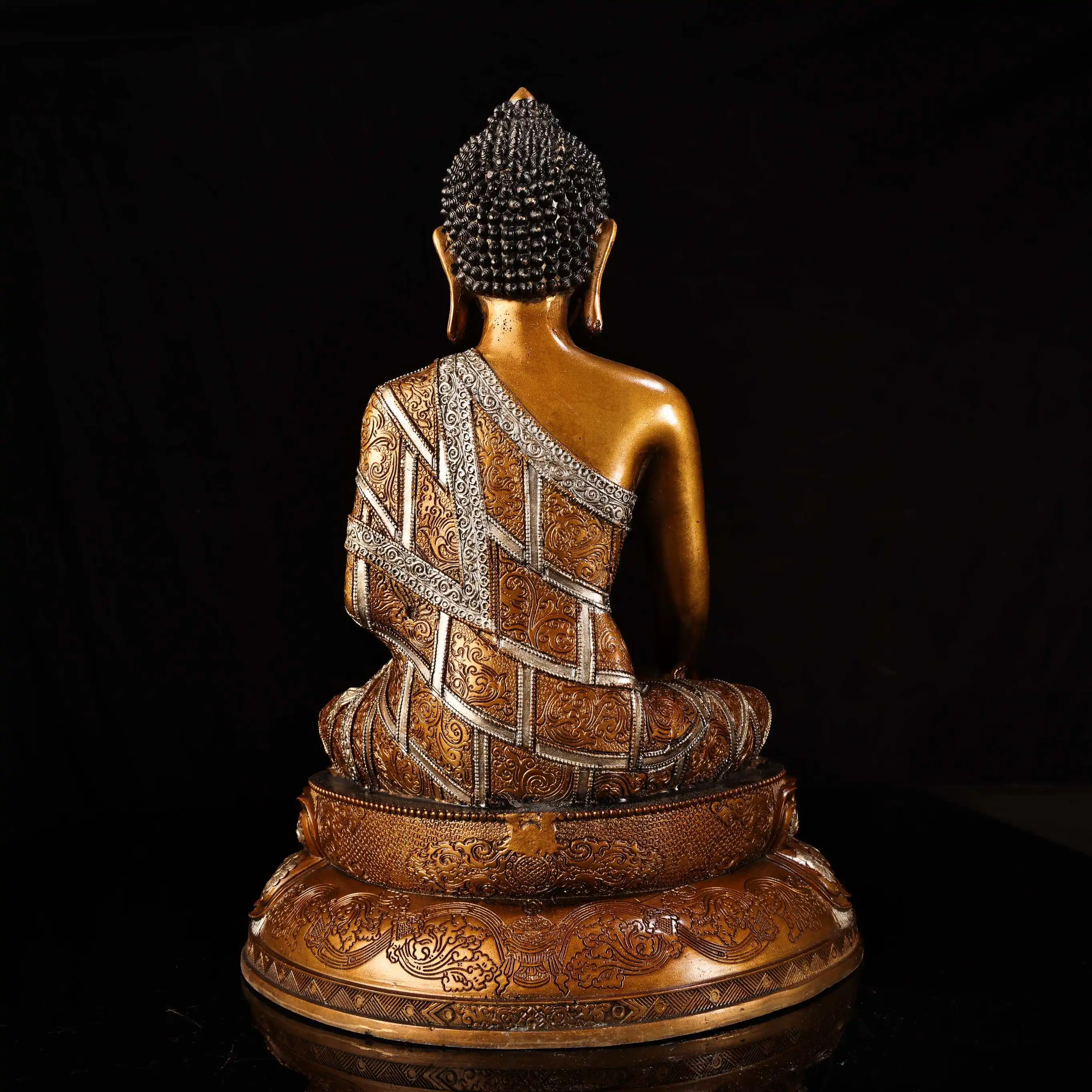 Antique Old Bronze Painted Gold Silver Shakyamuni Buddha Statue Serene Face Heavy Patina Fine Craftsmanship Home Decor