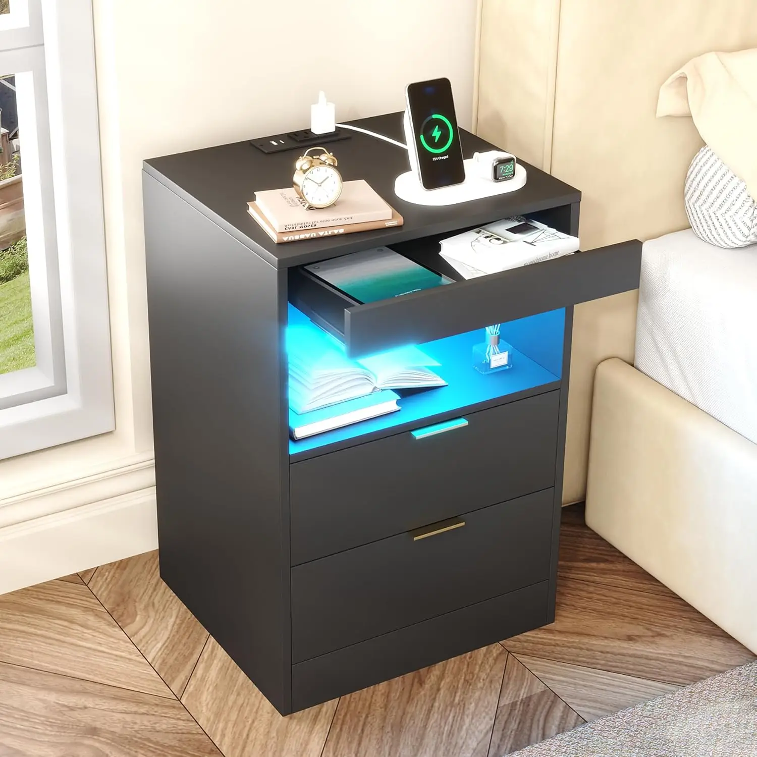 

LED Nightstand with Charging Station, Wood Bedside Table, Pull-Out Shelf, Black