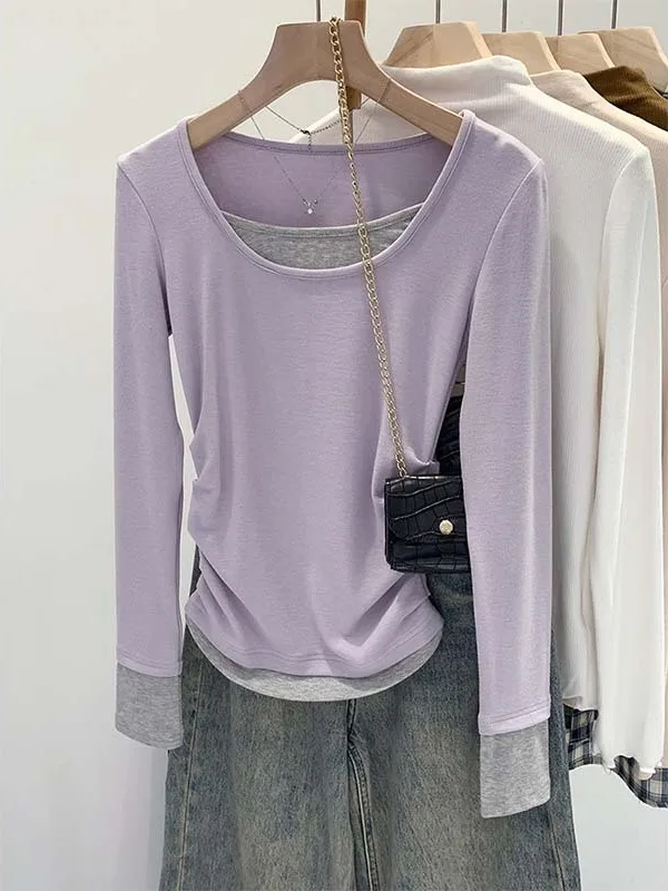 Early Spring Purple Splice Long Sve Women's Base irt Small Size Simple Yet Special Feeling  T-irt Commute Sle