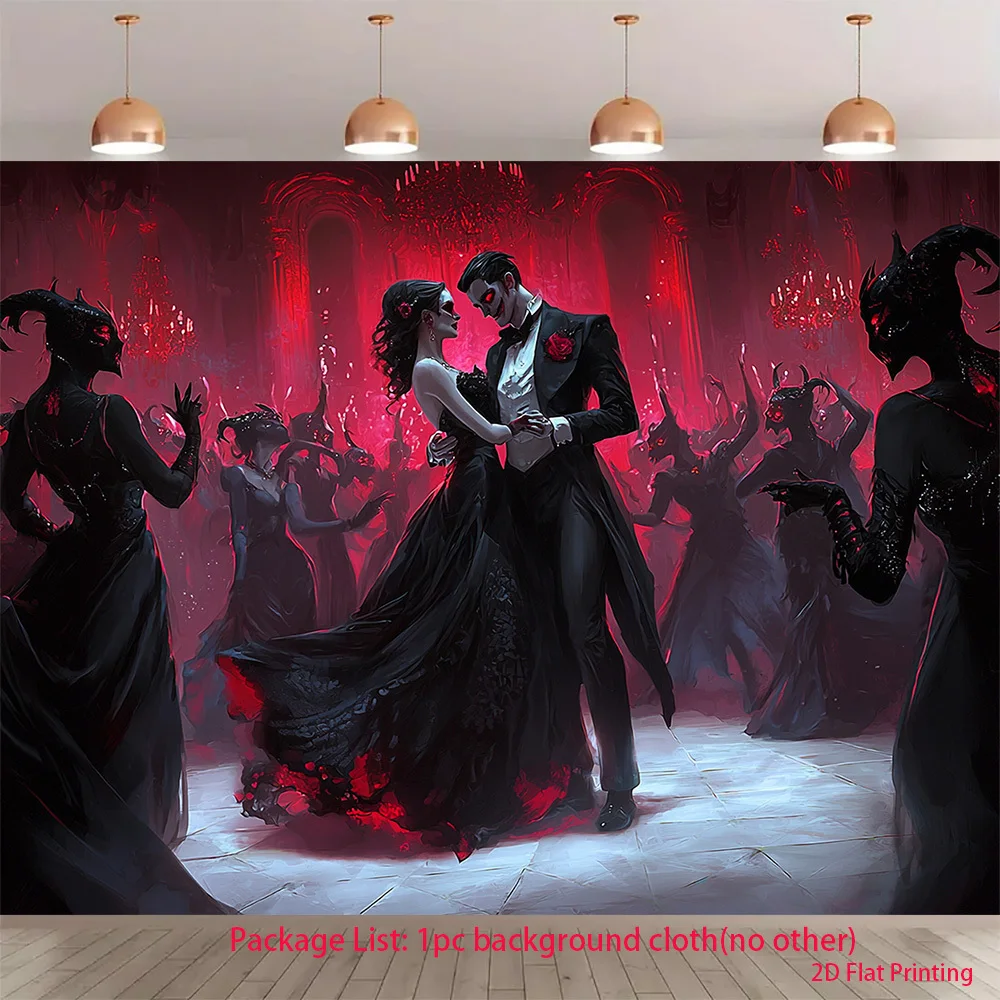 1pc - Vampire Gothic Dance Tapestry 2D Flat Wall Hanging Red Ballroom Horror Decor for Living Room Bedroom Halloween Art Fabric