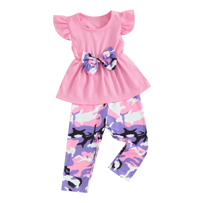 Baby Girl Summer Clothes Ruffle Sleeve Shirt Solid Ruffle Hem Top Long Pants Set Toddler Camouflage Outfits 0-3T