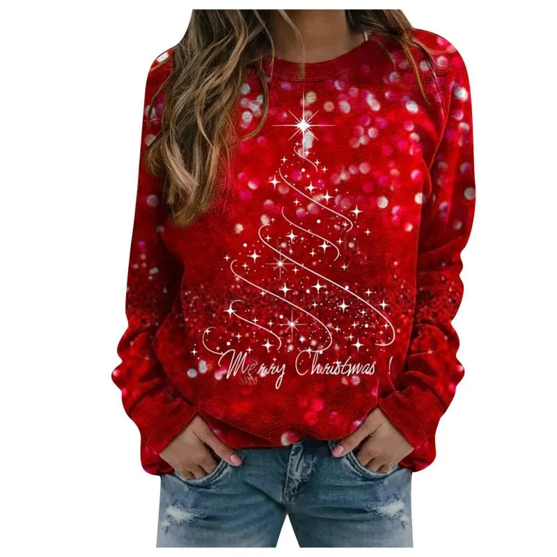 Sudaderas con capucha navideñas para mujer, suéter rojo de manga larga con estampado 3D de ciervo, árbol de Navidad y gatos