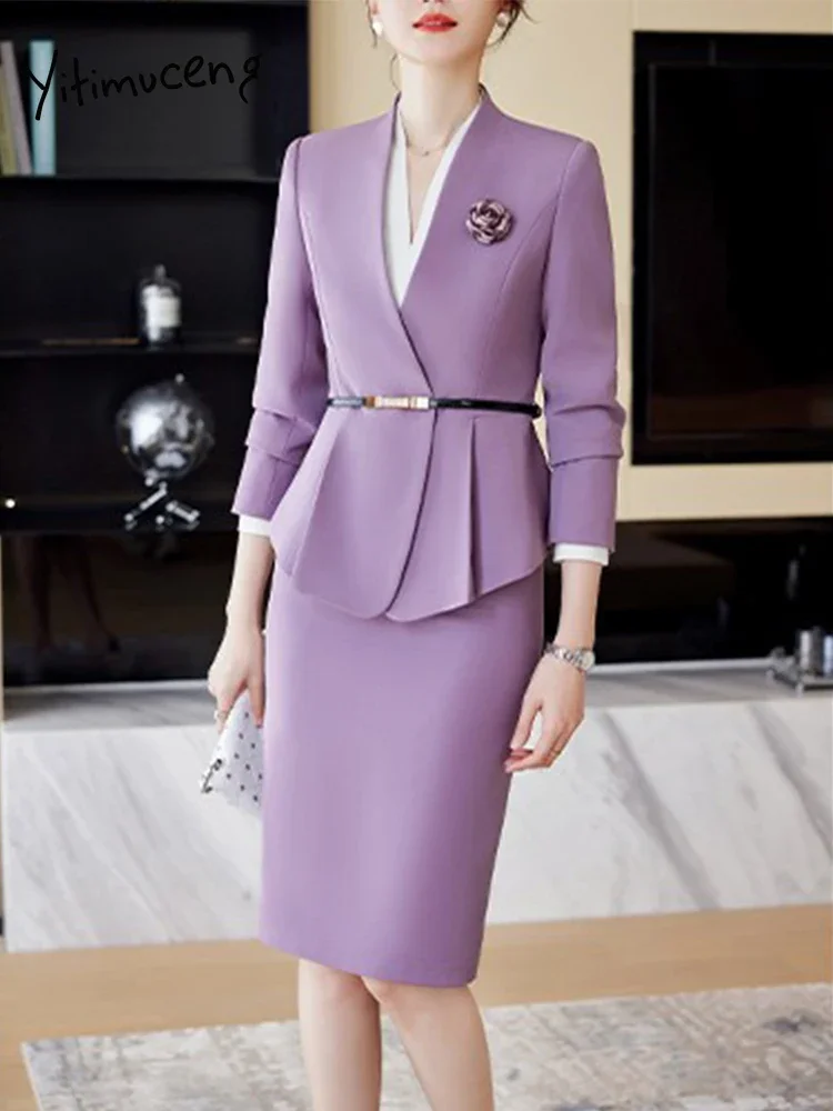 Yitimuceng Pink Casual Office Skirt 2 Piece Set New Fashion Slim Long Sleeve V Neck Concealed Button Elegant Women Skirt Suits