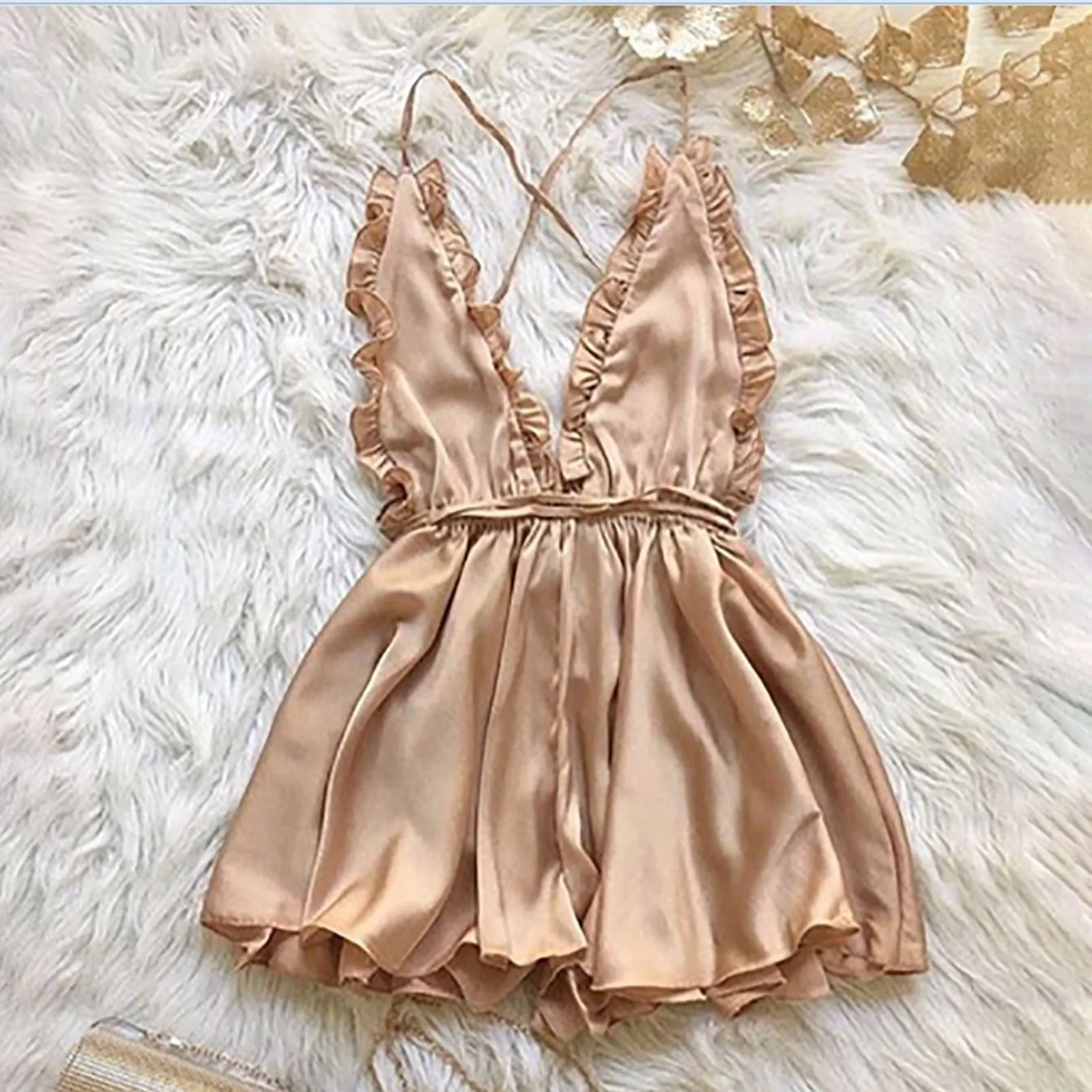 Women Sexy Nightwear Ruffles Nightgowns Cross Strap Back Open Nightdress Lingerie Nighties Faux Silk Deep V-Neck Dress Sleepwear