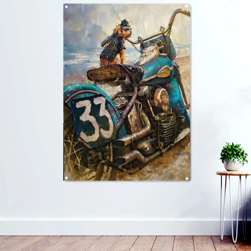 

Vintage Dog Motorcycle Rider Wall Art Posters and Prints Banner Flag Man Cave Garage Locomotive Repair Shop Wall Decor Painting