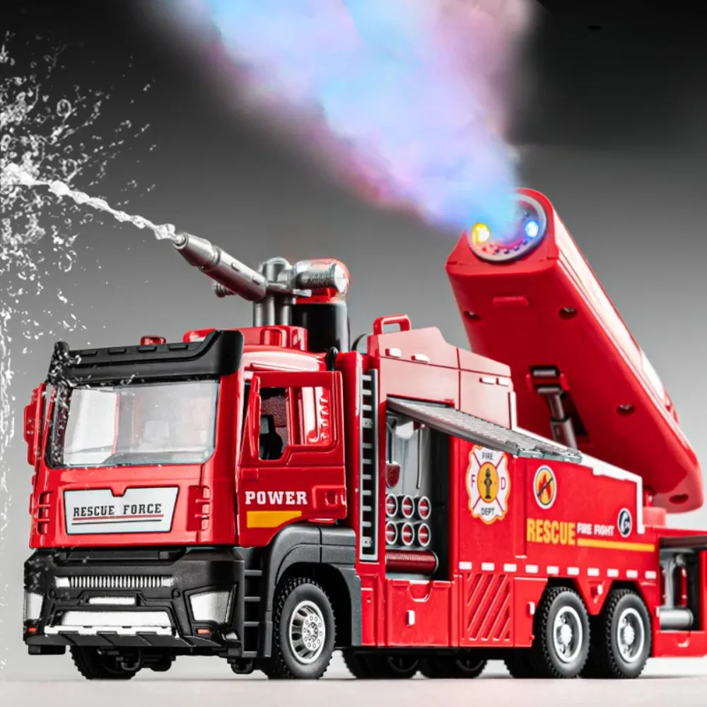 1:32 Alloy Fire Engine Model Toys Diecast Car Water Spray Function Doors Opened Sound Light Pull Back Fire Truck Children's Gift