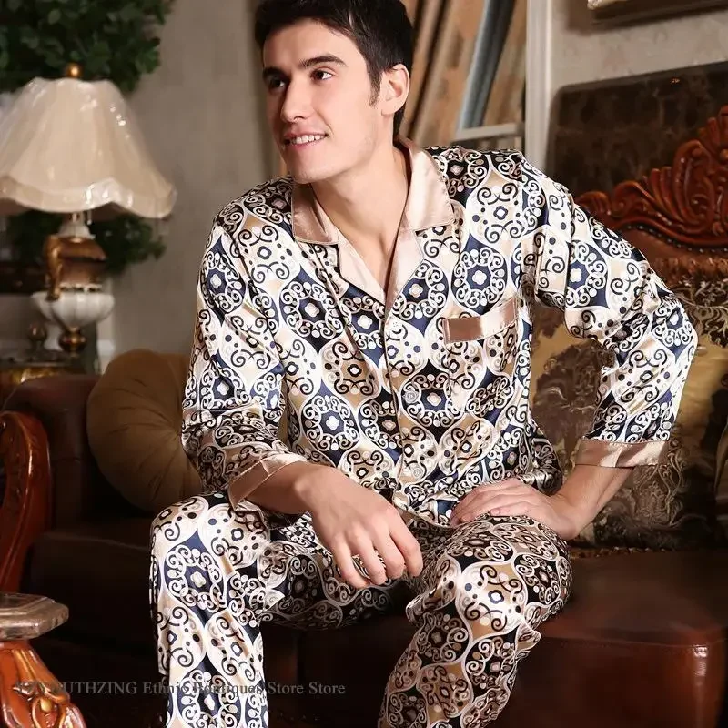 New Loose Casual Print Nightwear Male Long Sleeve Pajamas Set Loungewear Spring Autumn New Sleepwear Home Clothes Pijamas Suit
