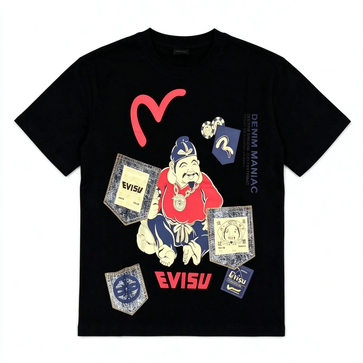 2026-2027 Trendy New Japanese Fortune God Curved Letter Print T Shirt Unisex Short Sleeve Harajuku Vintage Streetwear Casual Tee
