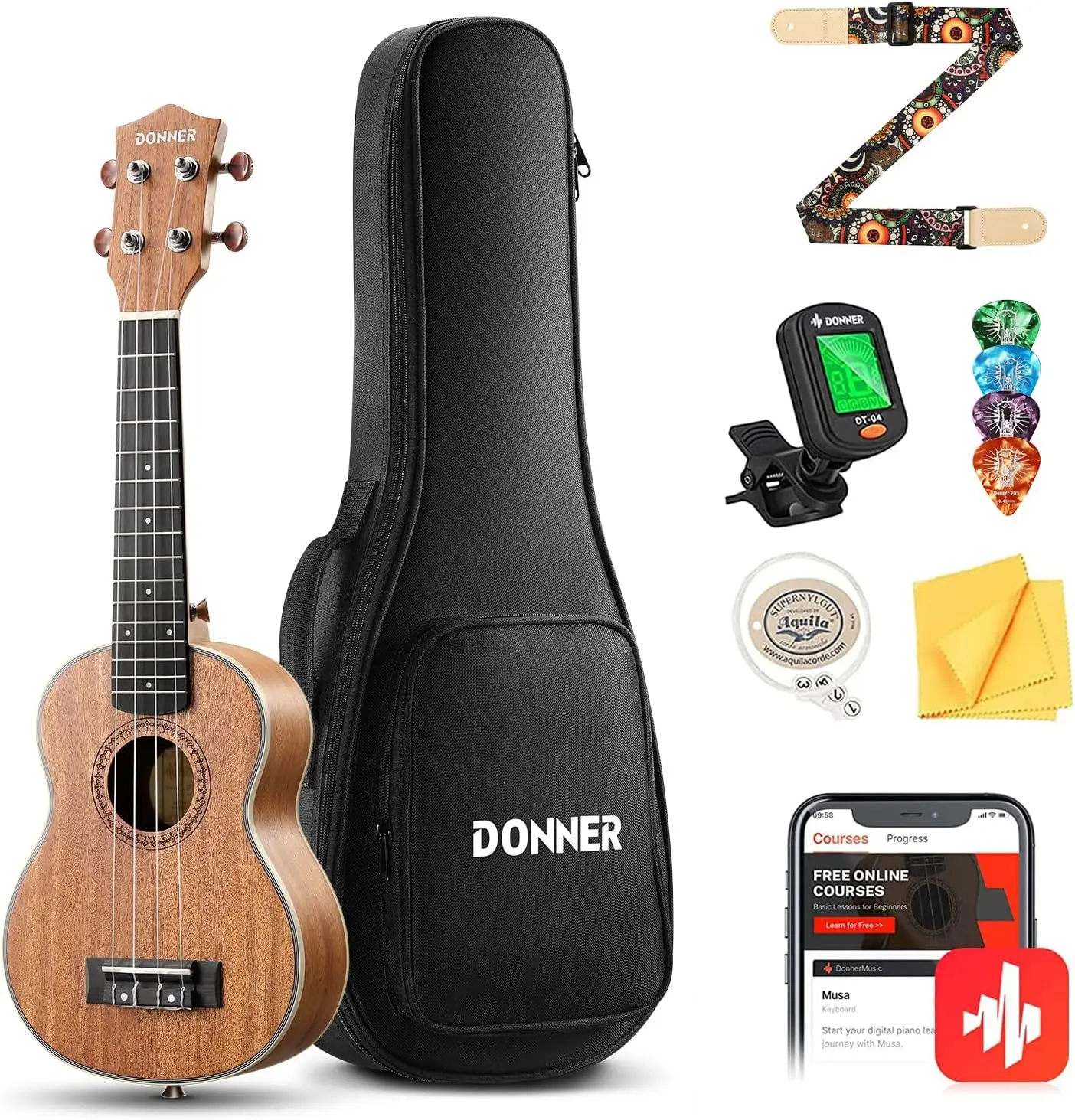 21 Inch Mahogany Wood Soprano Ukulele Beginner Kit with Free Online Lesson Gig Bag Strap Nylon Strings Tuner and Picks