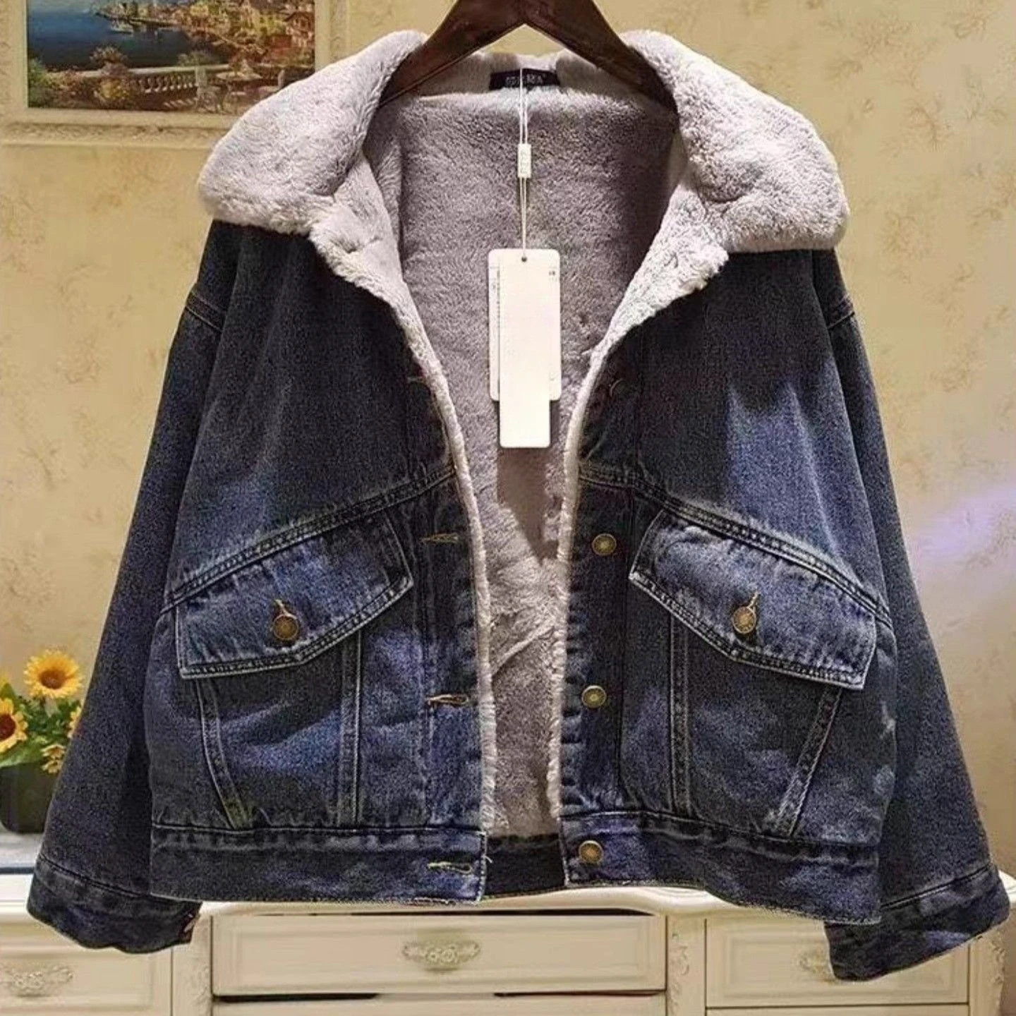 Women's Vintage Denim Jacket Fleece Lined Warm Loose Casual Winter Coat American Retro Streetwear Top