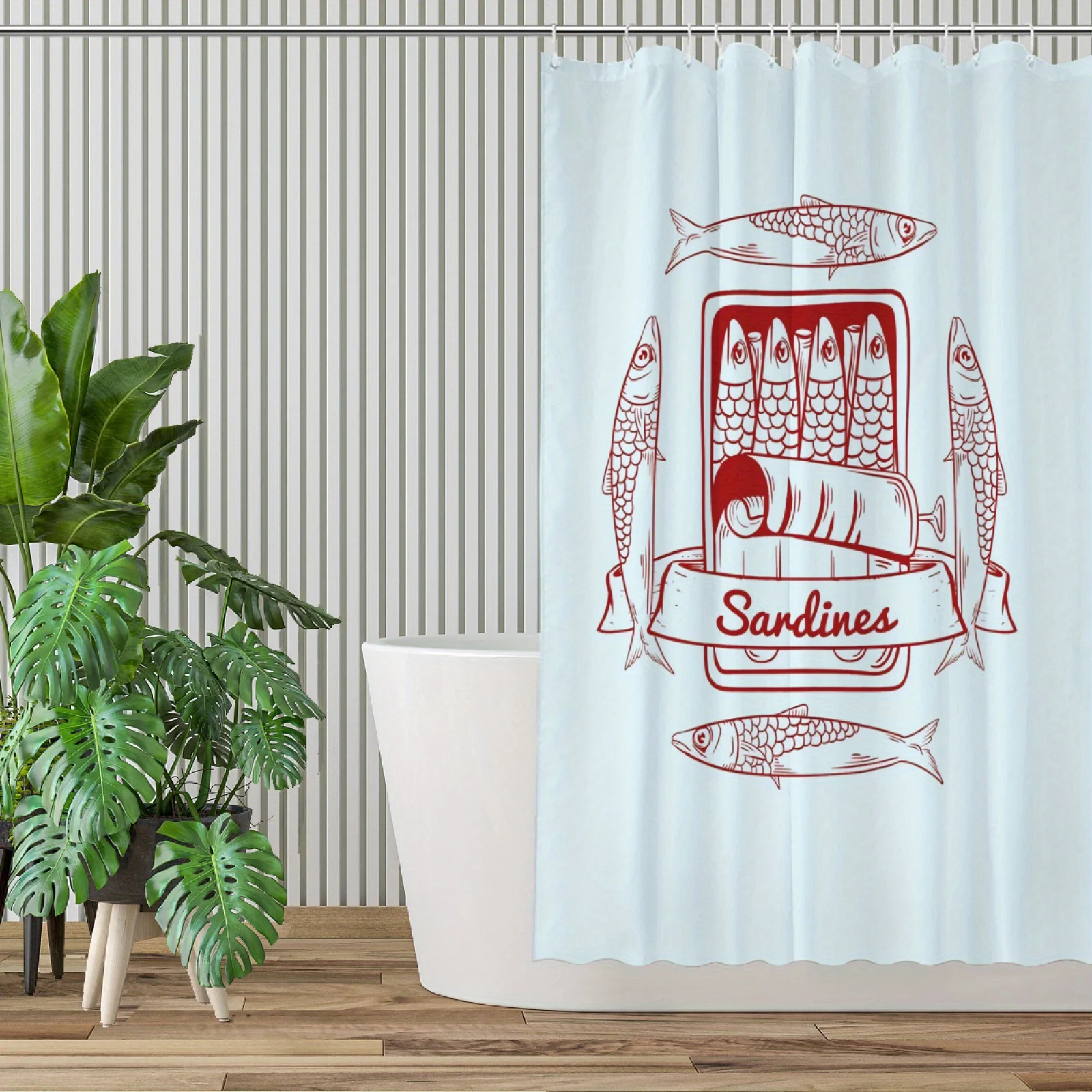 Vintage Sardines Shower Curtain, Retro Seafood Pattern Waterproof Bath Curtain, Kitchen Theme Bathroom Decor for Home