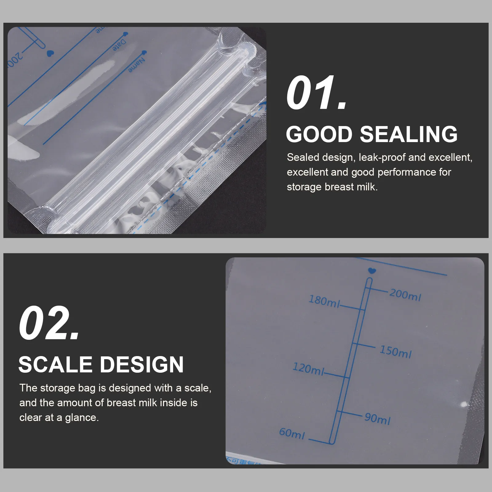 60枚入り-母乳保存バッグ-自立式-漏れ防止-密封-滅菌済み-携帯用-母乳バッグ-旅行用-授乳用