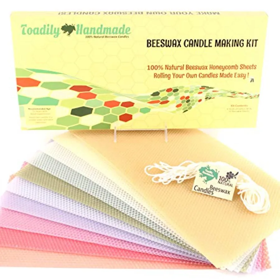 

Beeswax Candle Making Kit with 10 Full Size 16" x 8" Honeycomb Beeswax Sheets in Pastel Colors and 18 Feet of Cotton Wick - Can