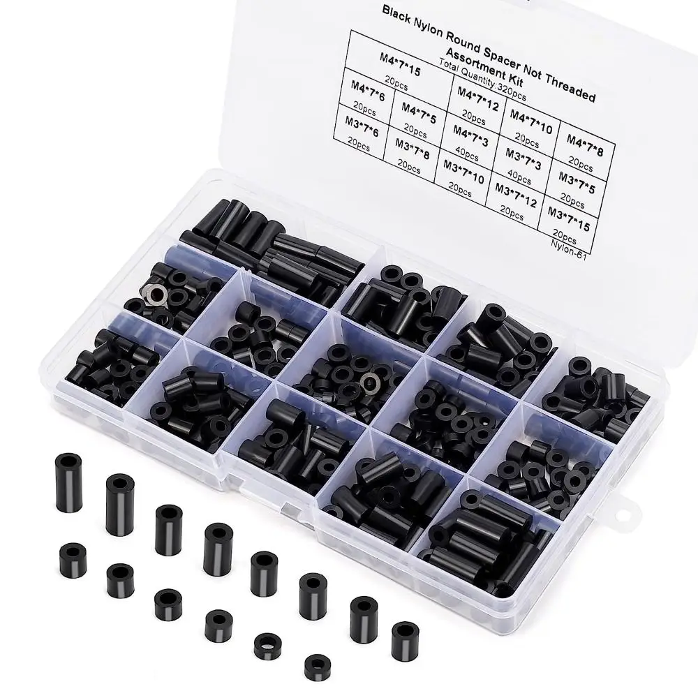 320 Pcs Black Screws Spacers Assortment Kit Nylon Electrical Outlet Switch and Receptacle Spacers Round Spacer Screws