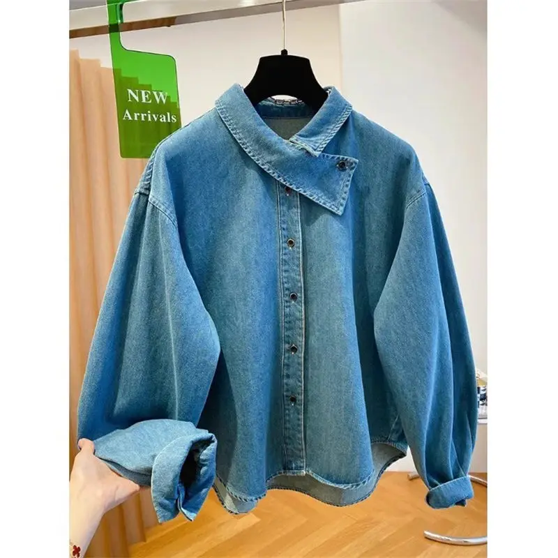 

Spring Fall Women's French Vintage Denim Shirt Jacket - Irregular Collar Loose Oversized Casual Blouse Coat Top Streetwear G354