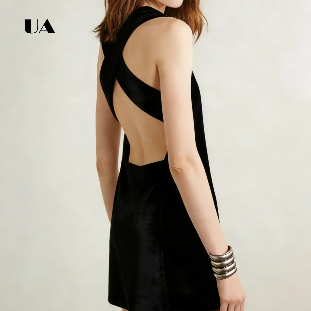 

ULBYANRY Velvet A-line Mini Dress with Square Collar Solid Crisscross Back Evening Dress Simple Sleeveless Customized Party Gown
