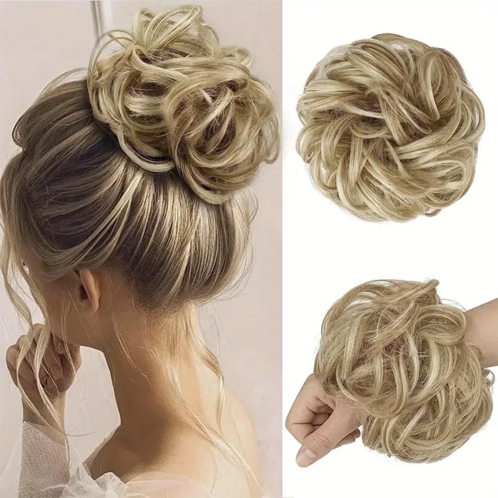 

1PCS Synthetic Messy Curly Wavy Donut Hair Buns Tousled Updo Chignon Hair Extensions with Elastic Rubber Bands Women Buns wigs