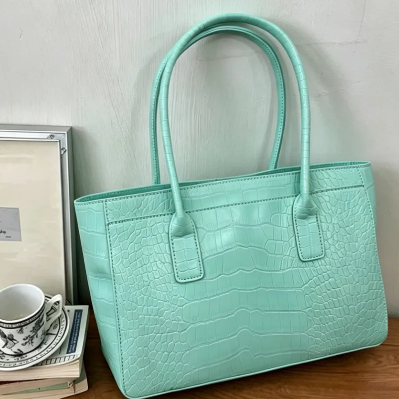 Handtasche mit Krokodilleder-Prägung und Obergriff, Luxuriöse Grüne Tragetasche, Vielseitige Schicke Alltags-Schultertasche für Frauen – Detail 17