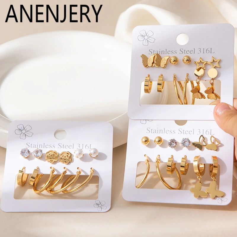 ANENJERY 316L Stainless Steel Circular Butterfly Star Zircon Bead Pearl Earrings For Women Simple Fashion Luxury Design Jewelry