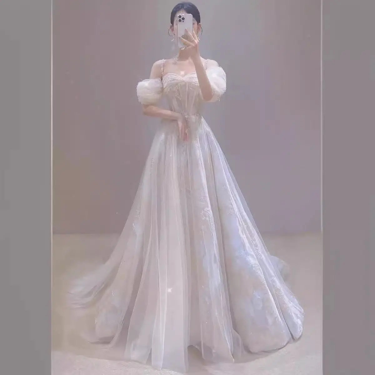 

Fashion Women Off Shoulder Wedding Dresses Champone Flowers Small Training Lady Girl Fairy Ball Dress Party Evening Prom Dress