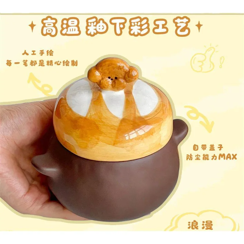 Cute Bread‑Dog Ceramic Stew Pot Double‑Ear Lid Design Home Soup Bird's Nest Stewing Small Cooking Bowl