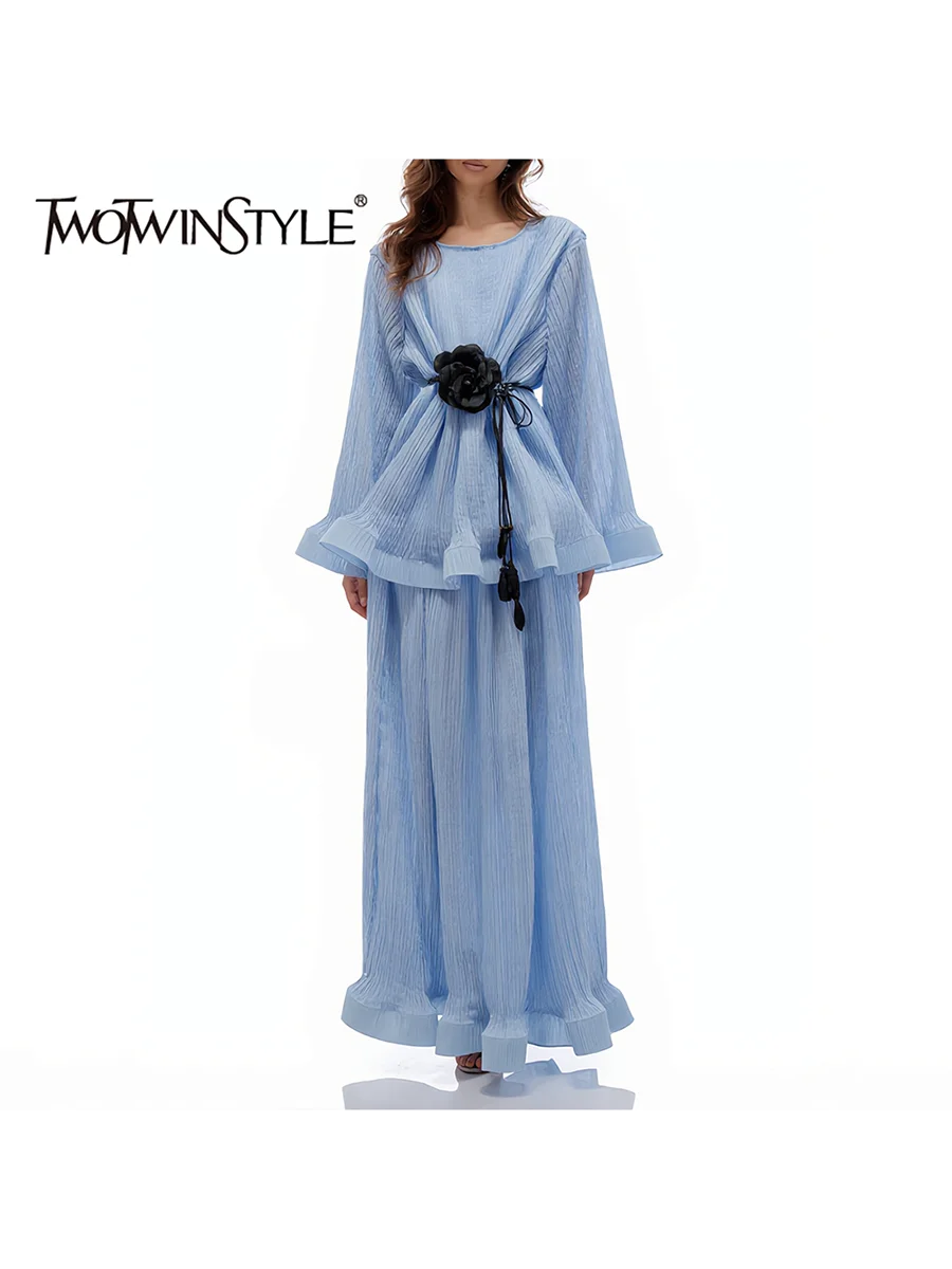 TWOTWINSTYLE Solid Two Piece Sets for Women O Neck Long Sleeve Spliced Floral Top High Waist Straight Skirt Fold Set Female 2026
