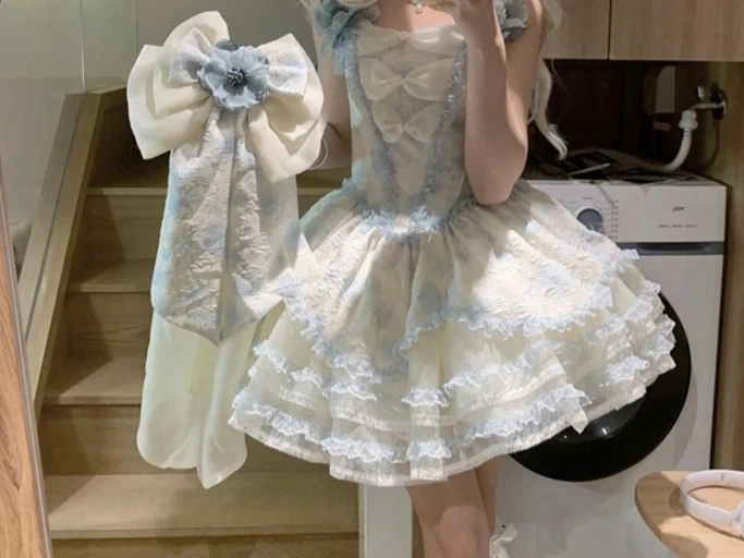 

Blue and White Lolita High Waist Slimming Bow Dress Summer Japanese Style Cute Sweet Girl Birthday Party JSK Short Dresses