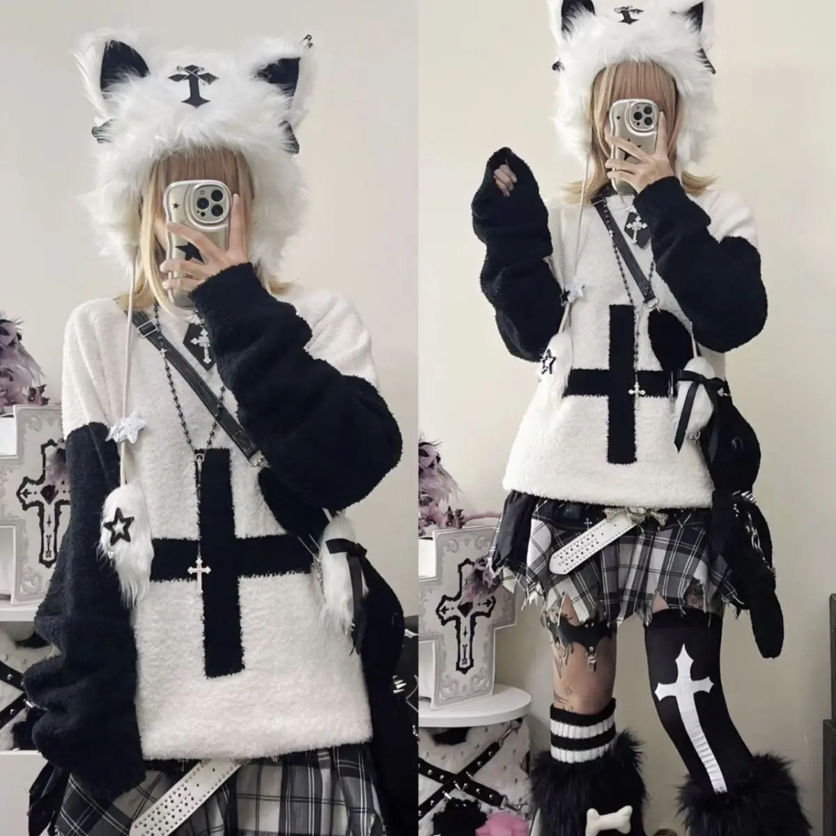 原宿パンクプルオーバー Y2k トップス女性服コントラストカラーカジュアルファッションジャンパーストリートカジュアルファッションニットセーター