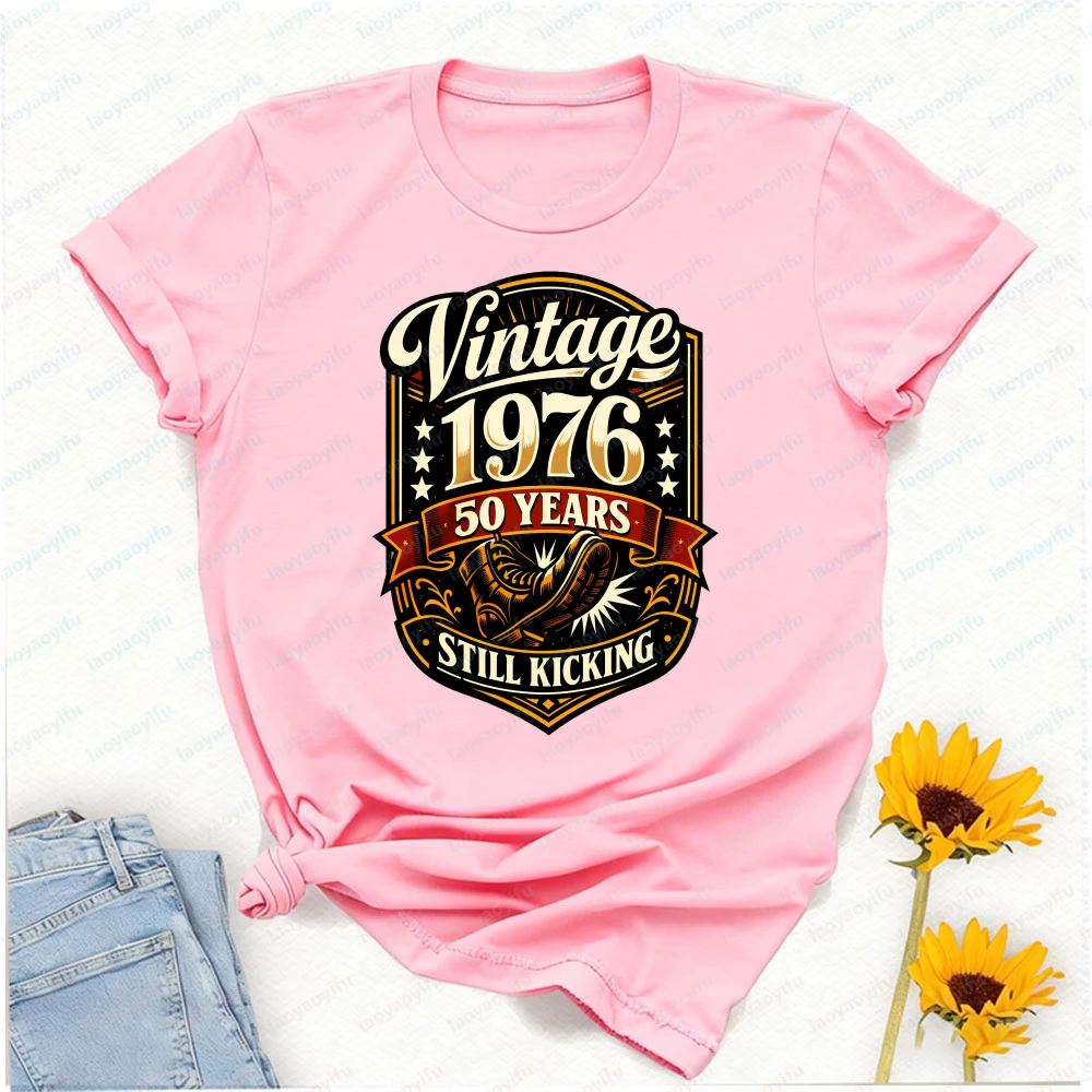 Vintage 976 50 Years Old Birthday Still Kicking Oversized T Shirt Women Clothes Graphic T Shirts Harajuku Tops Tee
