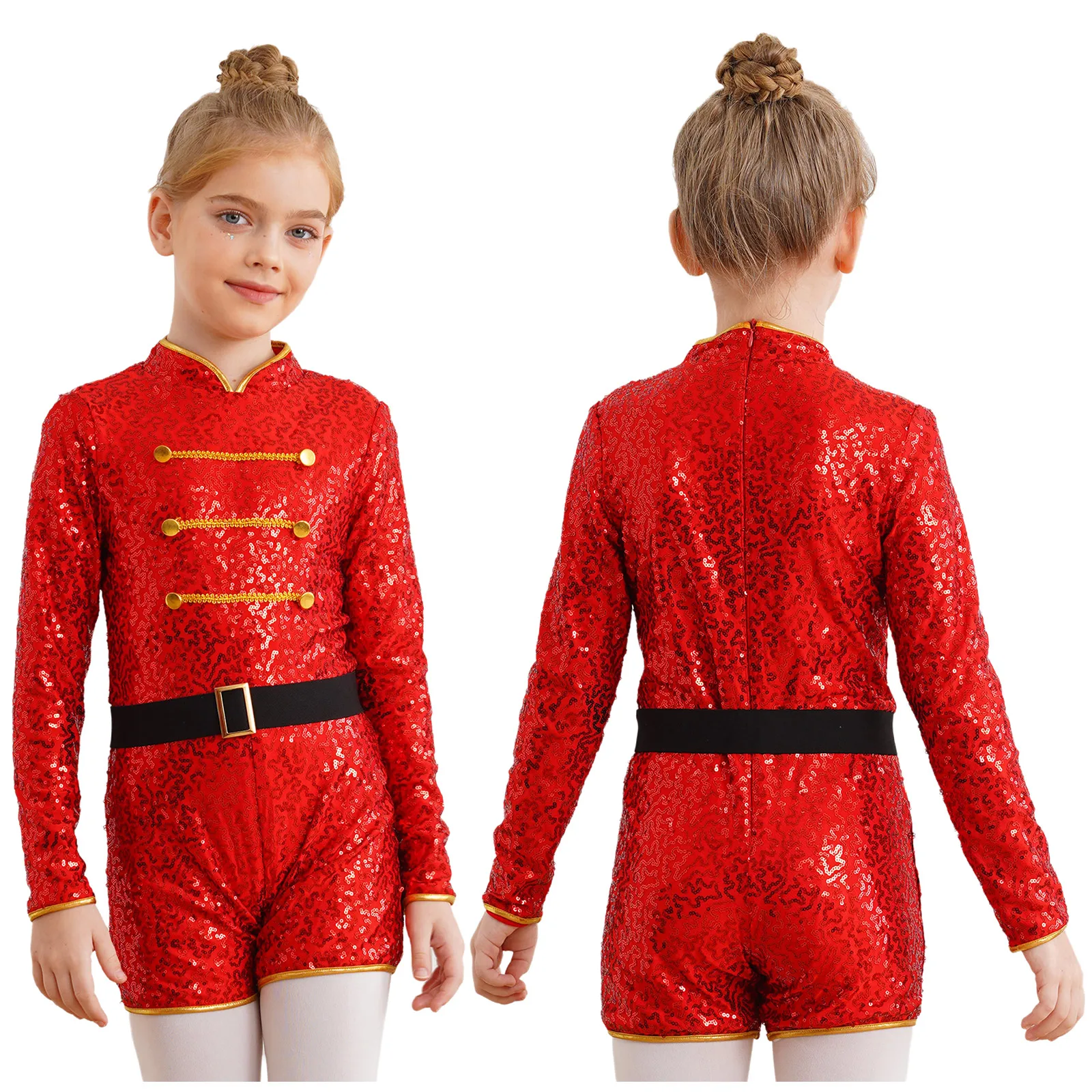 Circus Circusdirecteurkostuum voor meisjes Halloween Carnaval Feest Cosplay Fancy Dress Up Lange mouw Glanzende pailletten Jumpsuit met riem