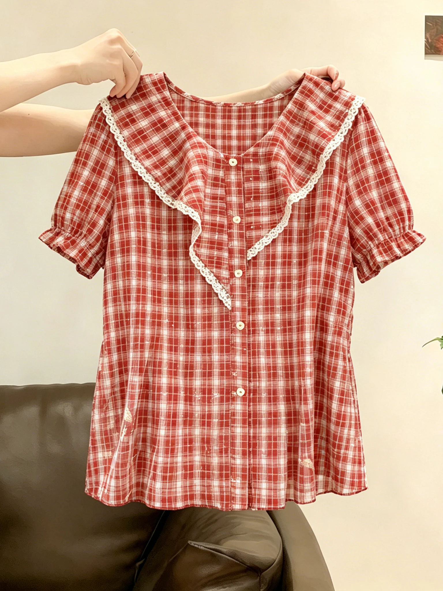 

Sweet And Gentle Style Women's Shirt Knot Plaid V-neck Bubble Sleeve Breathable Summer New Arrival Fashion Top