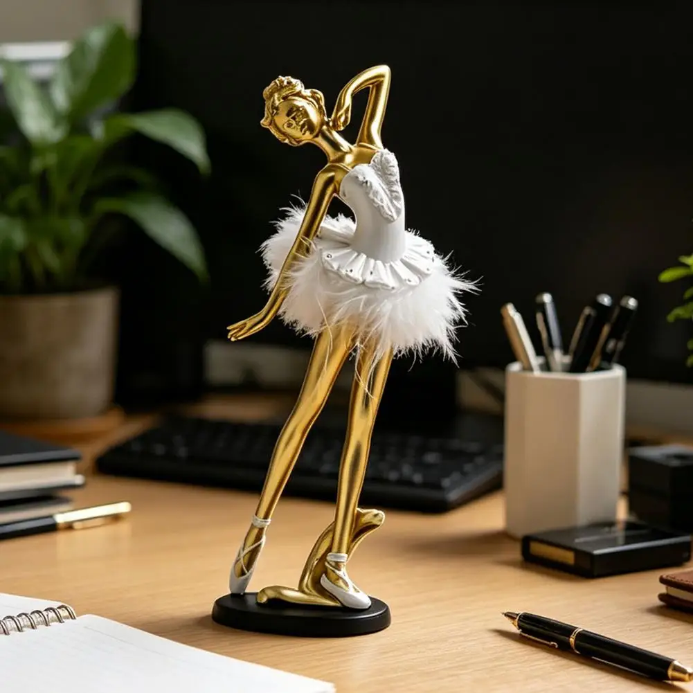 Decorative Ballerina Ornament Artistic Home Accent Resin Ballet Girl Figurine Modern Ballerina Dancer Statue with Feather Skirt