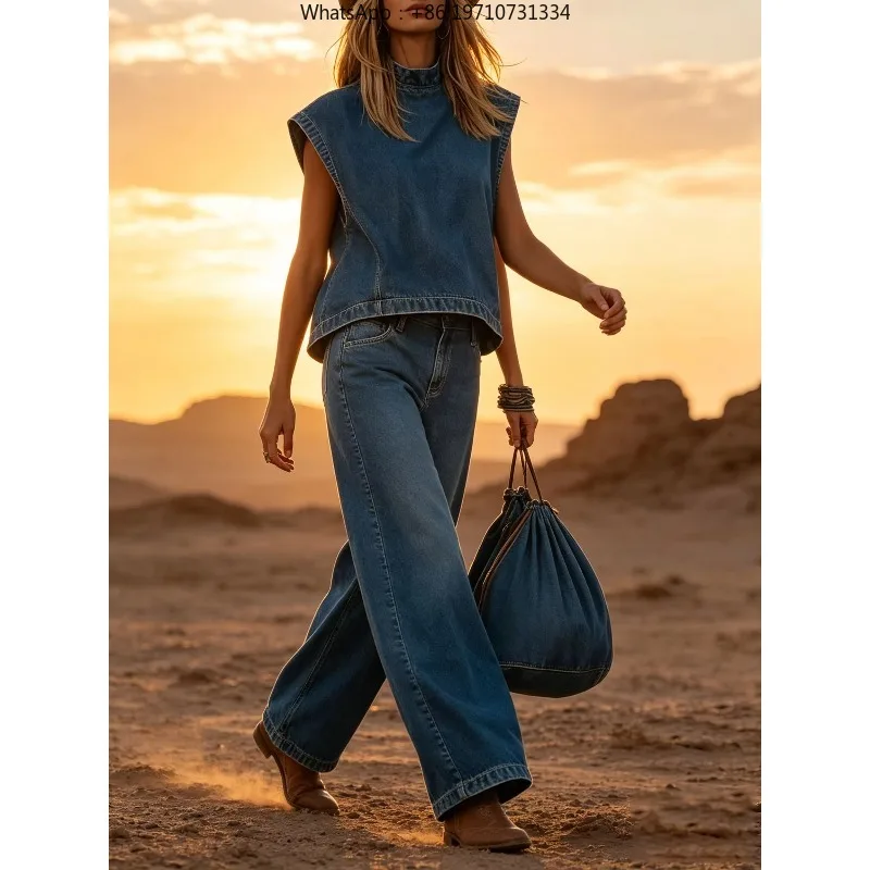 Women Summer Denim 2 Piece Outfit Sleeveless Top and Wide Leg Pants Solid Color Holiday Matching Set