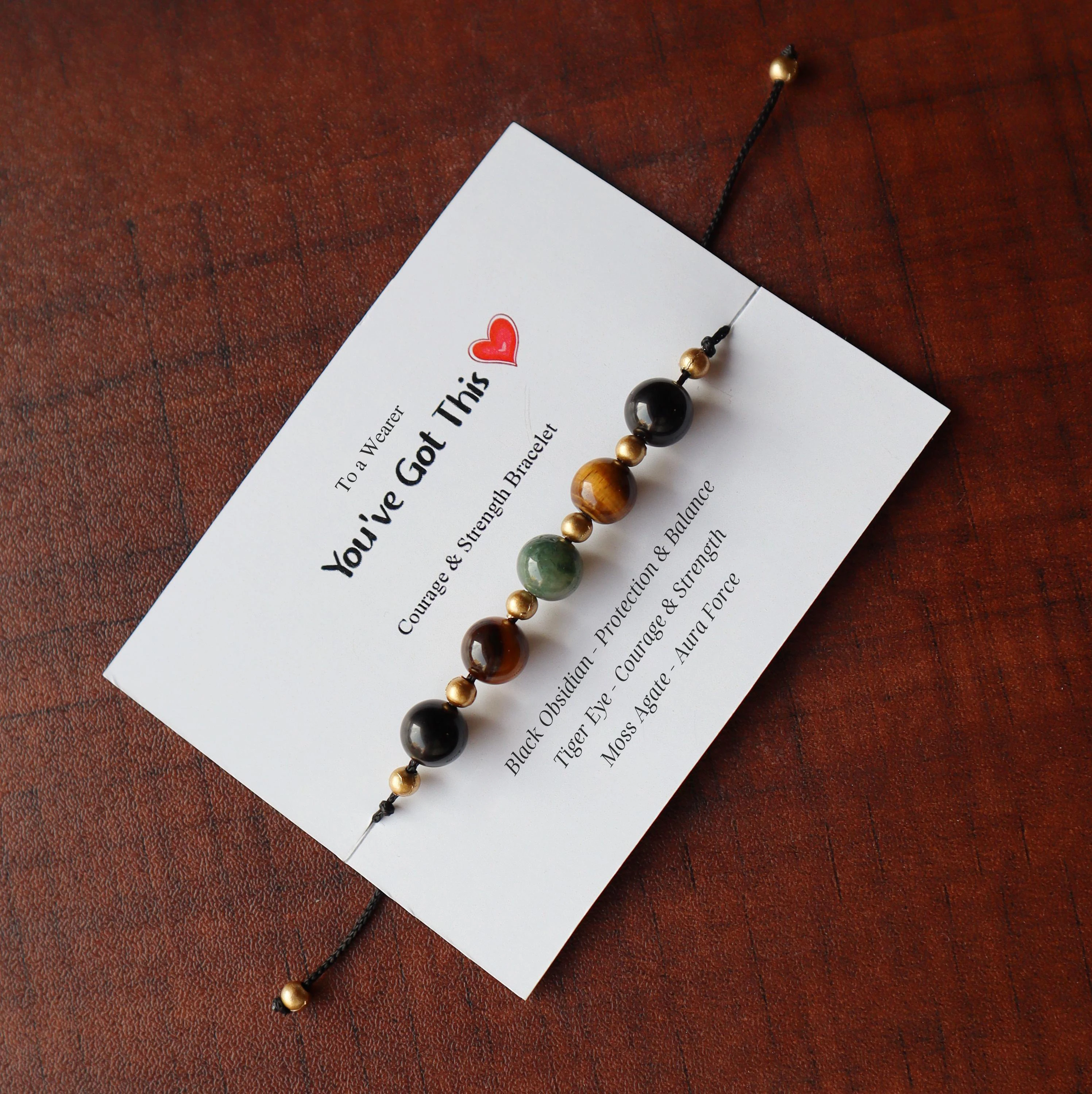 Courage Bracelet with Nice Card, Strength Bracelet, You've Got This Card, Black Obsidian, Tiger Eye, Moss Agate, Encouragement G