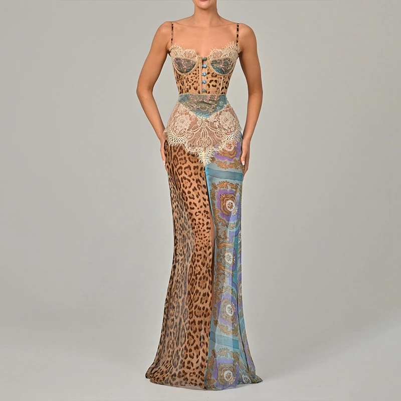 

STYLISH LADY Leopard Printed Patchwork Chiffon Dress 2025 Summer Women Spaghetti Strap High Split Beach Holiday Long Maxi Dress