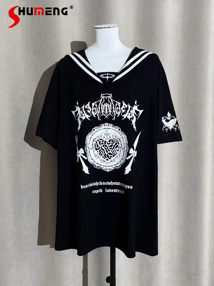 

Женская футболка с коротким рукавом, черная, с принтом, в стиле готика, свободного кроя, с воротником-стойкой, летняя, повседневная, для субкультуры