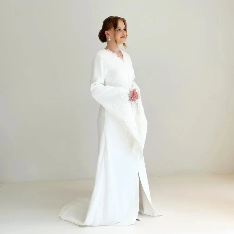 Muslim Modest V Neck Chiffon Wedding Dress Long Bell Sleeves Lace Cuffs Pearl Buttons Tie Waist Front Slit Matching Lace Veil