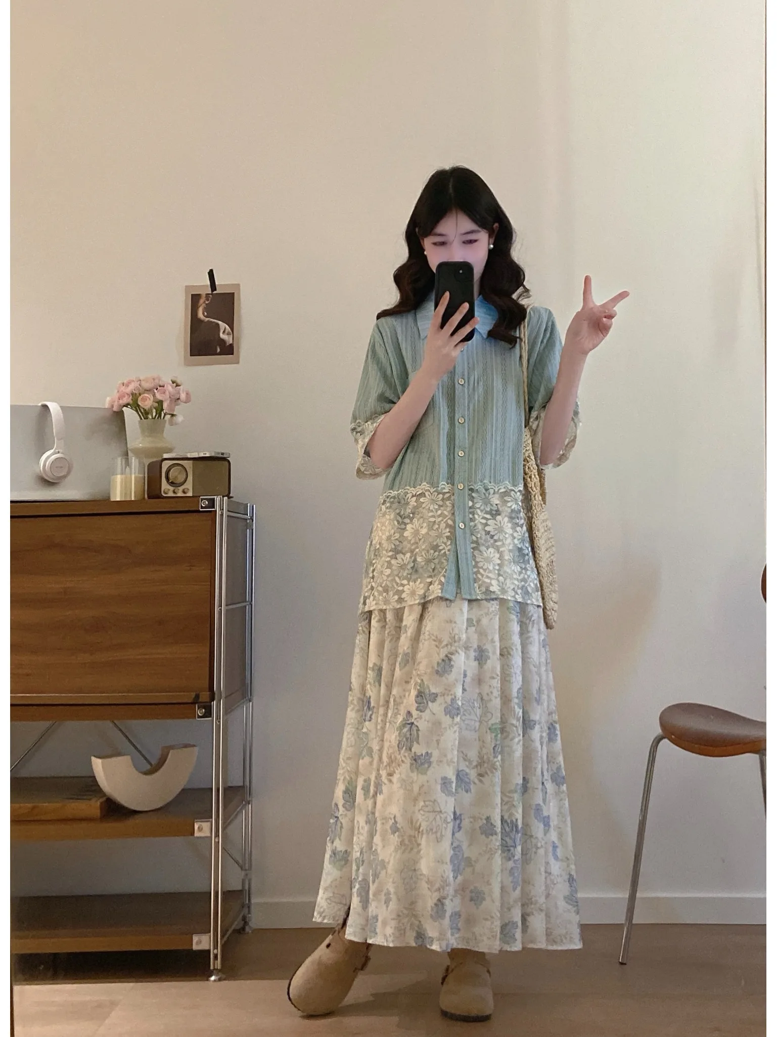 

Summer 2026 plus Size Lace Short Sleeve Shirt And Floral Half Skirt Loose Fit Two Piece Set Korean Style Commute Casual Fashion