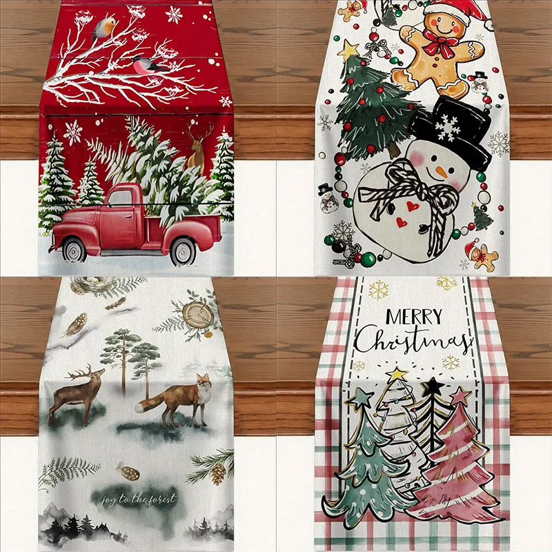 2pcs Christmas Red Truck Snowman Deer Fox Table Runner Heat Resistant Non Slip Xmas Tree Buffalo Plaid Holiday Dining Decor