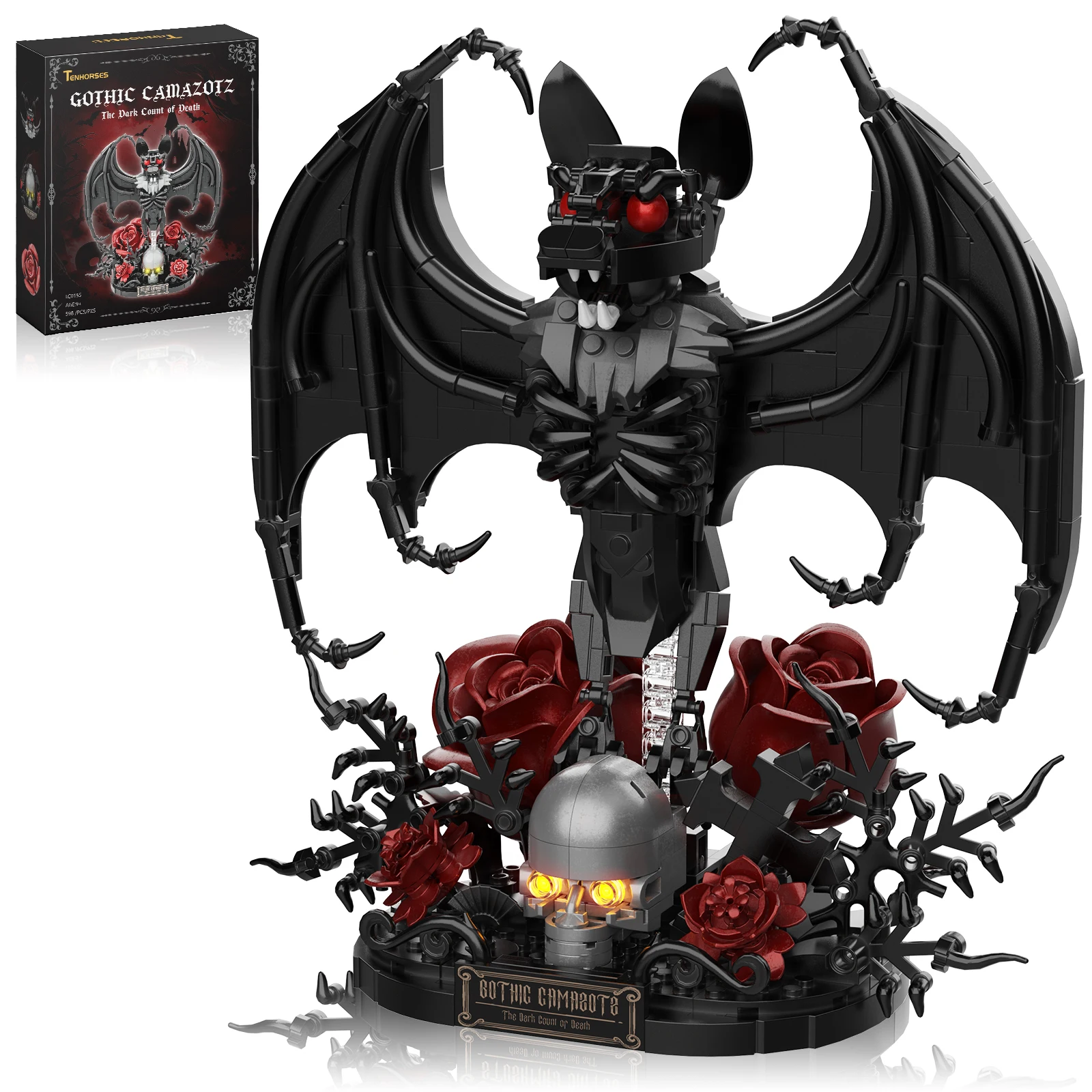 Halloween Bat & Skull Rose Building Set, Gothic Decor Toys Horror Skeleton Bat Model Kits with Cross & Flowers, Gothic Home Decor, Halloween Christmas Birthday Gift for Kids 8+, 598PCS